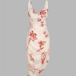 NWT Floral Ruched Asymmetrical Hem Midi Dress